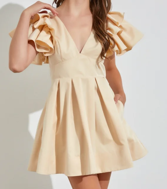 Beige A-Line Ruffle Swing Dress