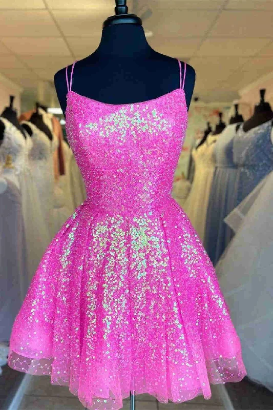 Cute Hot Pink Sequins A Line Homecoming Dress Graduation Dress OK1612