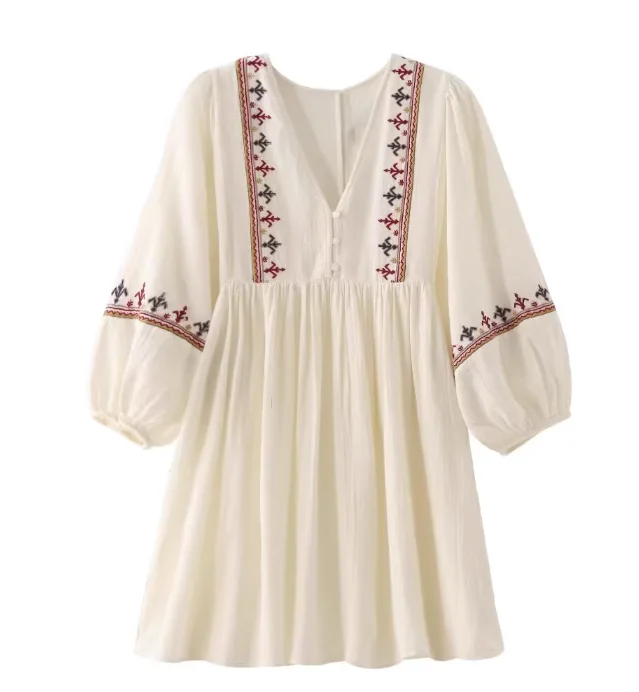 Floral Embroidered Long Sleeve Beach Vacation Midi Dress - Cream