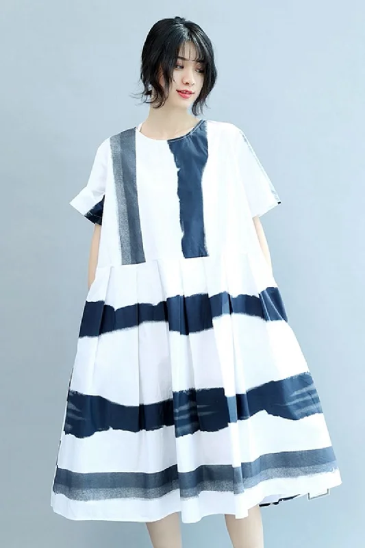 Round Neck Blue White Wide Stripe Women Summer Cotton Casual Loose Fitting Dresses