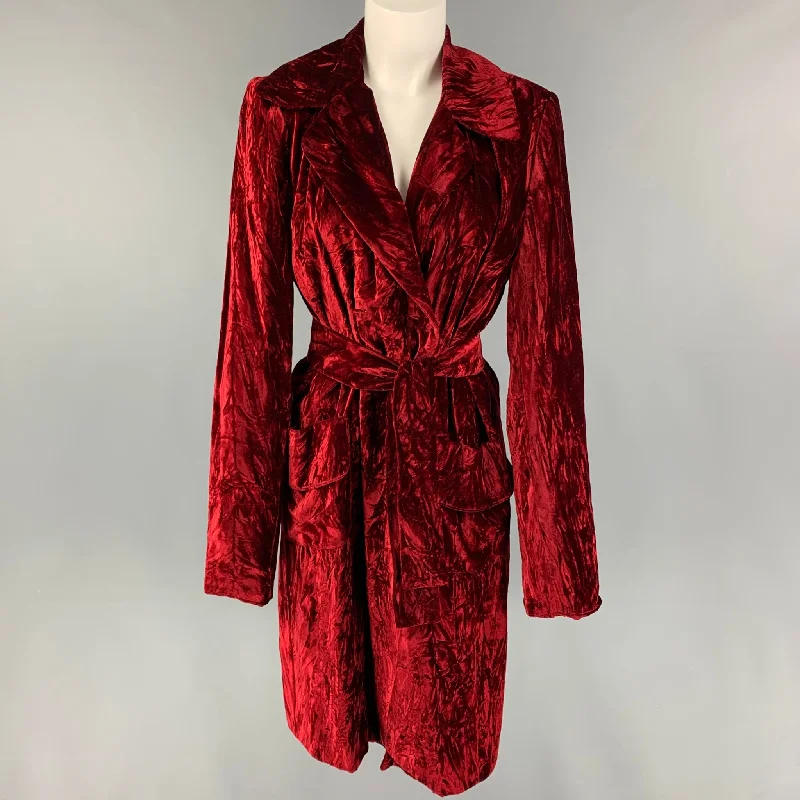 CHACOK Size S Burgundy Acetate Viscose Crushed Belted Coat Crew Neck V-Neck Boat Neck