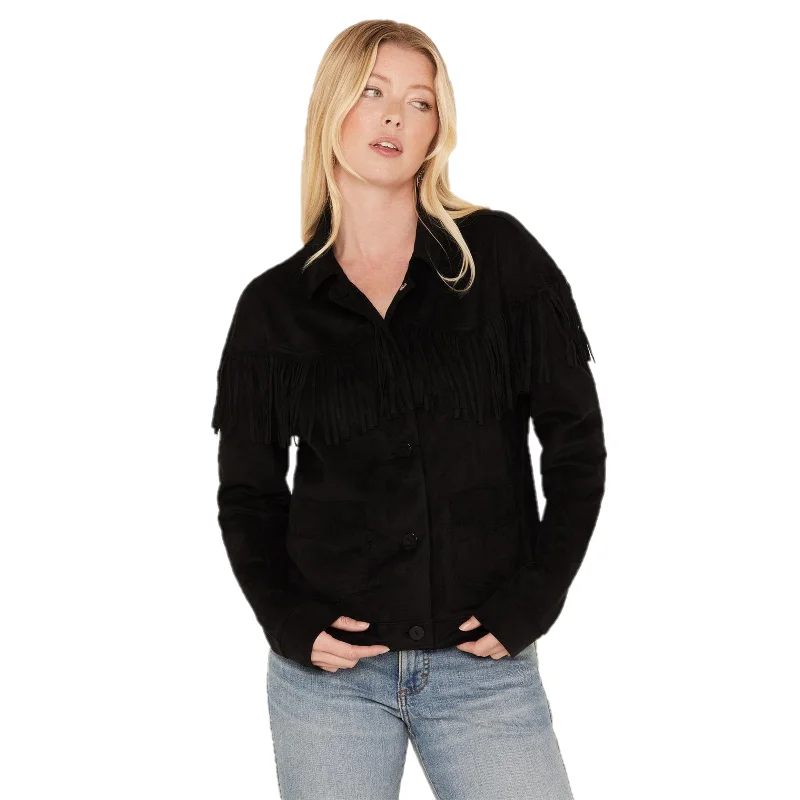 Cruel Denim® Ladies Black Fringed Trucker Jacket CWJ7429001 Plaid Tartan Floral