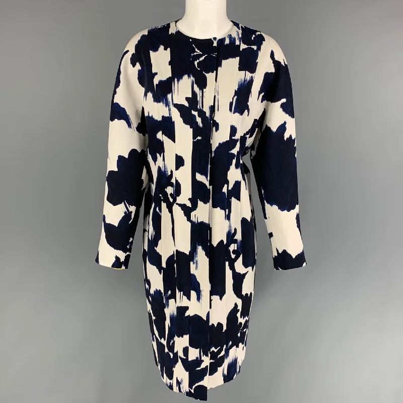 DELPOZO Size 6 Navy White Viscose Abstract Floral Wool Collarless Coat