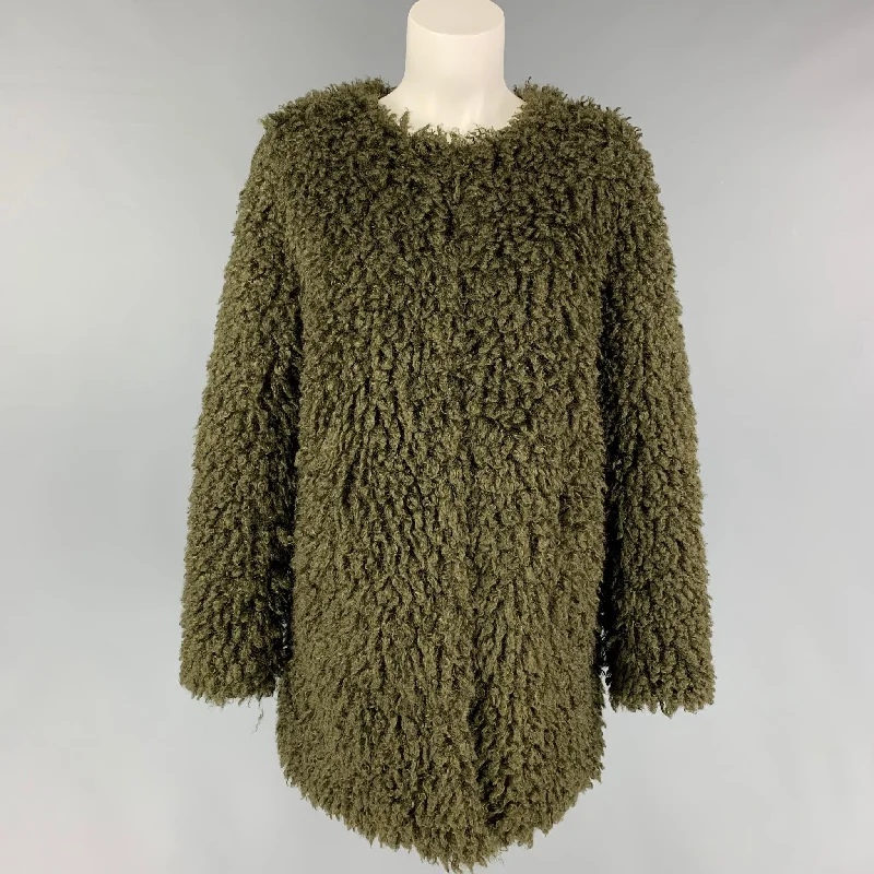 LOVE TOKEN Size S Olive Polyester Textured Collarless Coat Turtleneck Jacket Crew Neck Jacket V-Neck Jacket