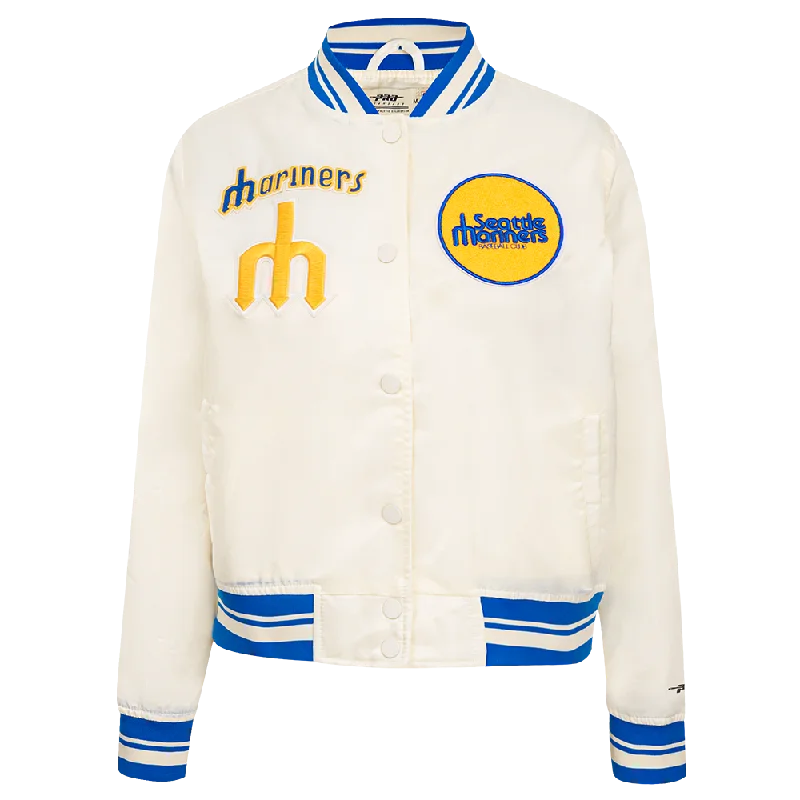 MLB SEATTLE MARINERS RETRO CLASSIC WOMEN'S RIB SATIN JACKET (EGGSHELL/ROYAL BLUE)