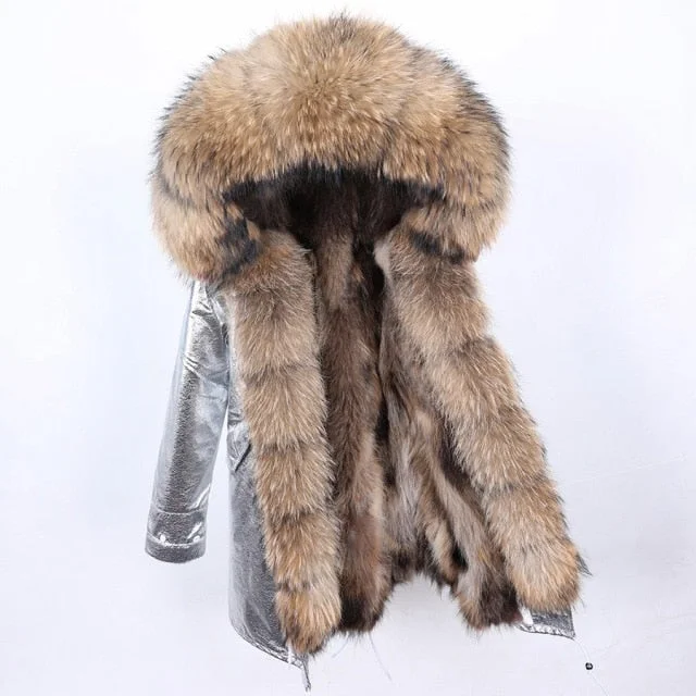 Street Style Silver Color Women's Winter Jacket with Raccoon Fur Collar