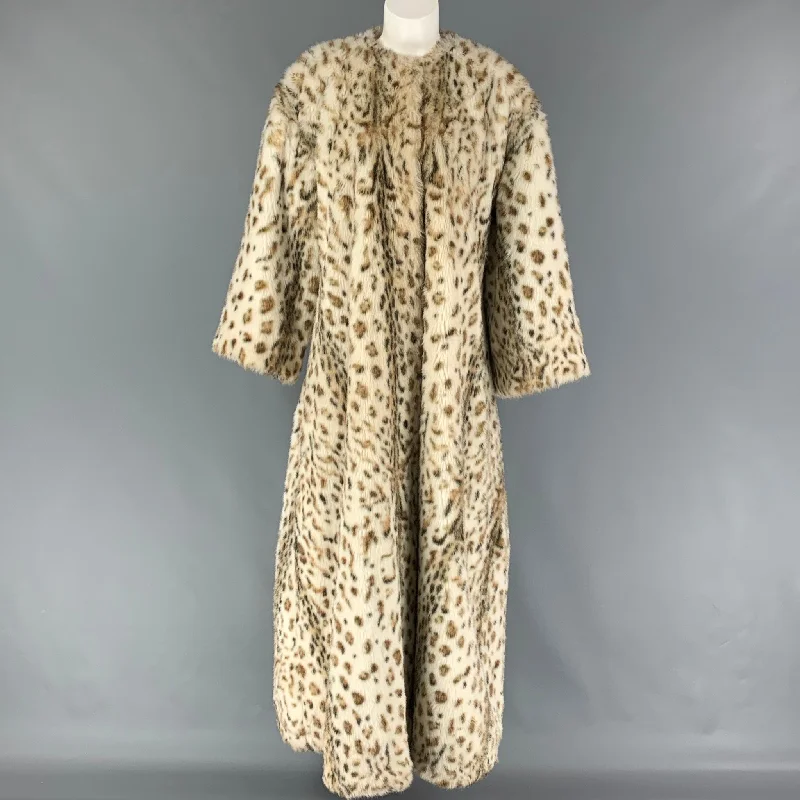 VINTAGE Size One Size White Black Brown Modacrylic Animal Print Collarless Coat