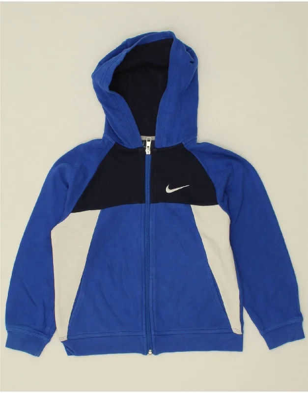 NIKE Boys Zip Hoodie Sweater 7-8 Years XL Blue Colourblock Cotton