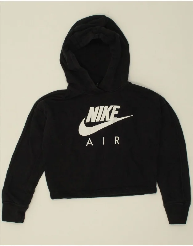 NIKE Girls Graphic Crop Hoodie Jumper 10-11 Years Medium Black Cotton