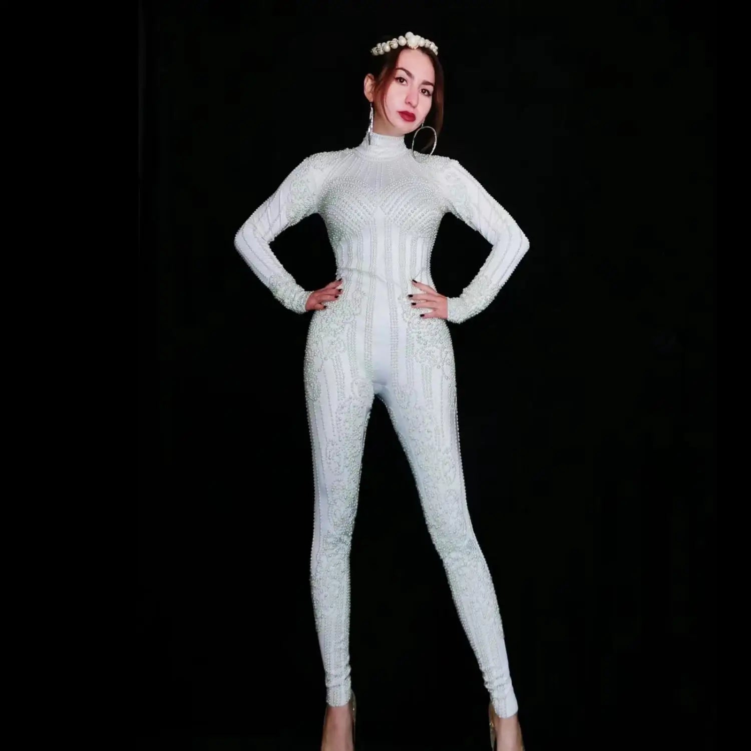 Elegant Long White Pearl Embellished Unitard for Women - Dance Jumpsuit Performance Outfit for Clubs and Events