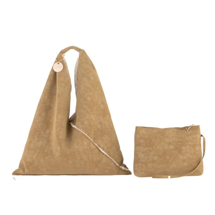 Faux Sheepskin Slouch Bag in Khaki