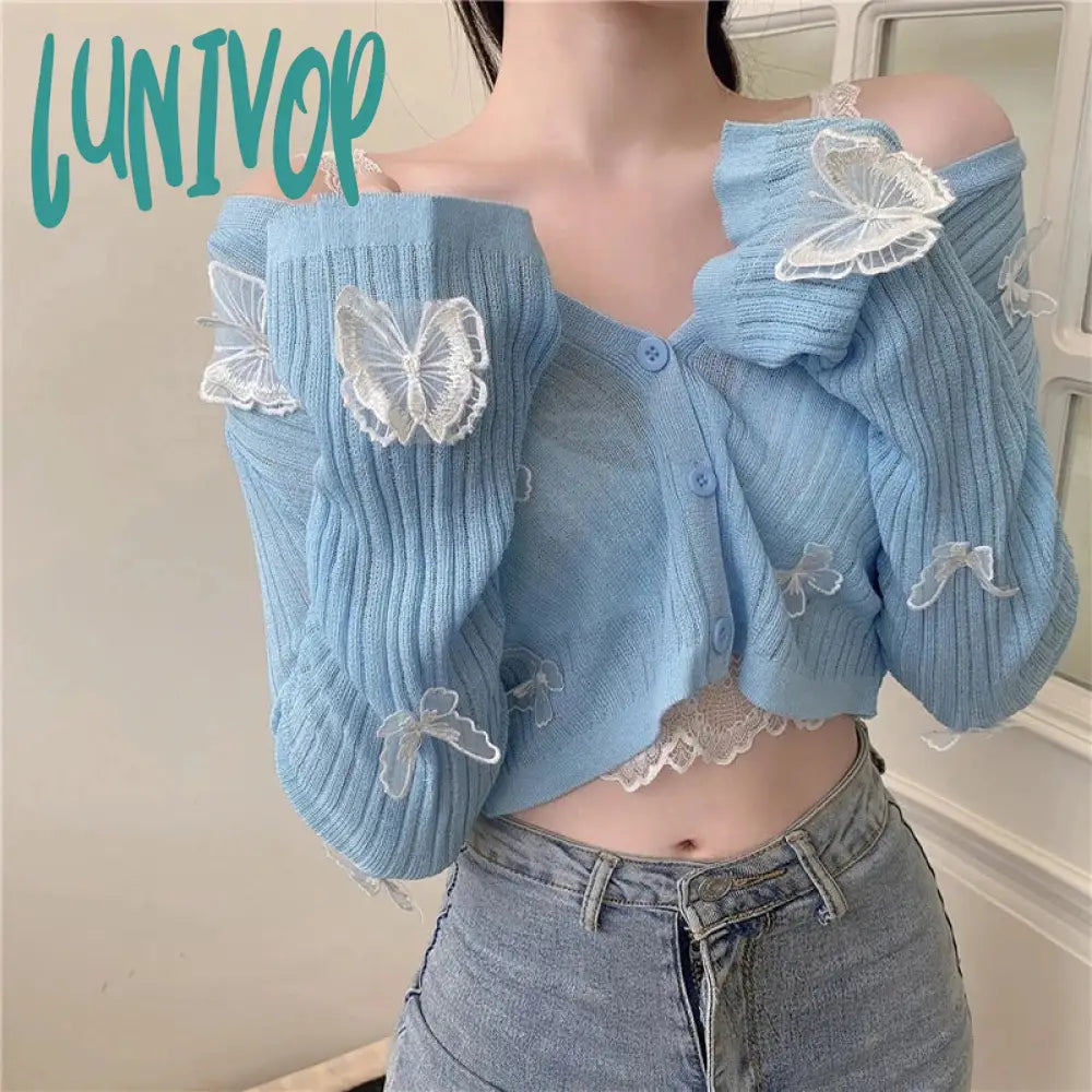 Lunivop Sweet Butterfly Knit Cardigans Women Korean Sexy V Neck Sun-Proof Crop Tops Summer Long Sleeve Sweater Sunscreen Jackets