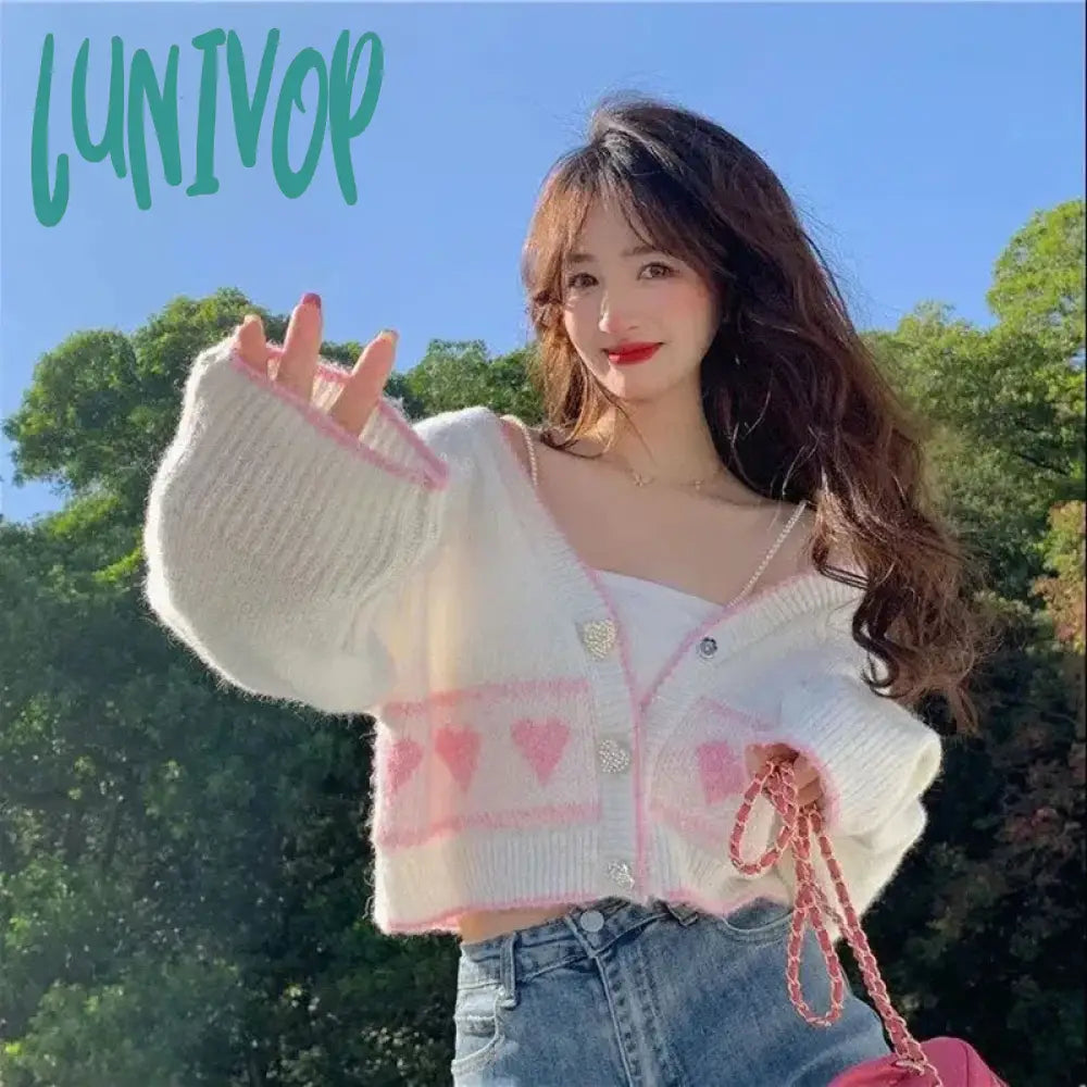 Lunivop Sweet Knitted Cardigan Women Korean Fashion Heart Button V Neck Print Sweater Coat Y2K Cute Loose Long Sleeve Crop Top New