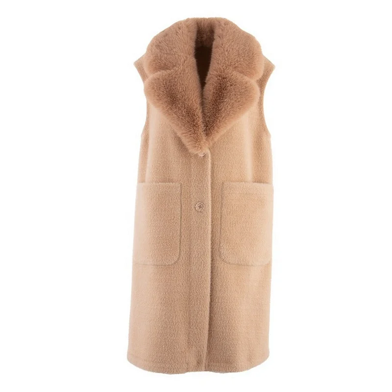 Reversible Long-line Faux Fur Gilet in Beige