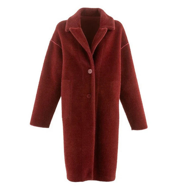 Reversible Long-line Faux Fur Teddy Jacket in Burgundy